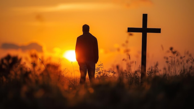 Man Standing by Cross at Sunset