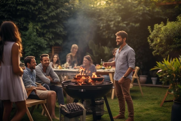 man standing by a fire with friends sitting around him