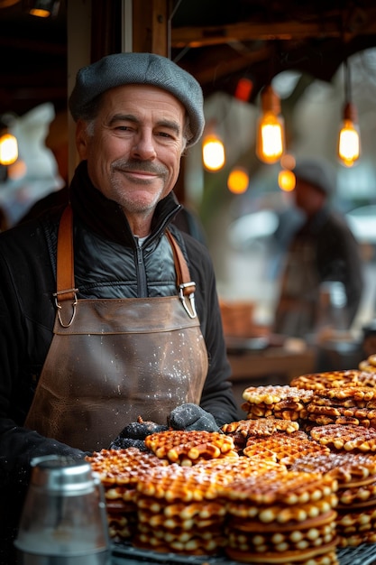 写真 食べ物のテーブルに立っている男