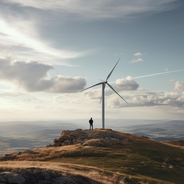 Man Standing by Wind Turbine on Hill