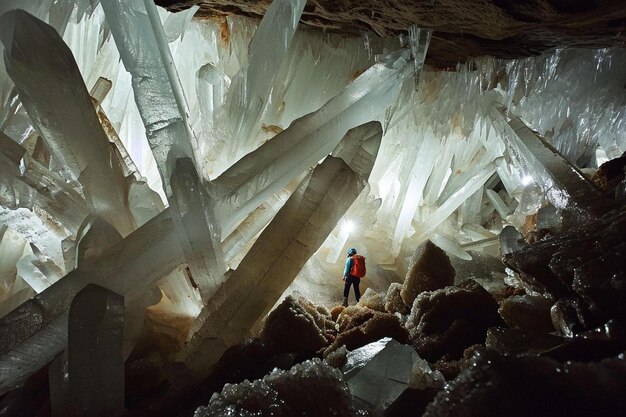 Photo a man standing in a cave filled with ice crystals