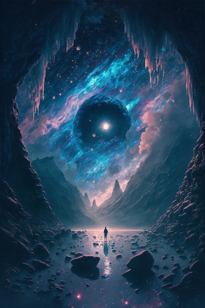 Man standing in a cave looking at a star filled sky generative ai