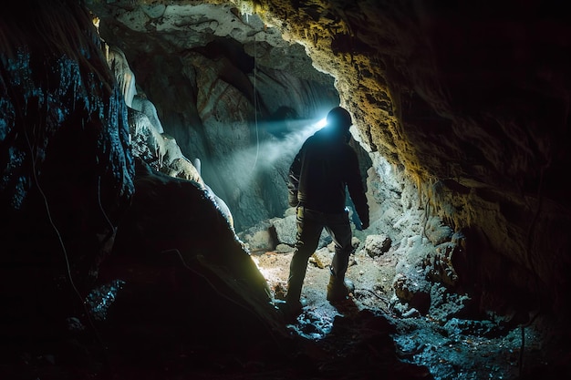 Photo man standing in cave with flashlight