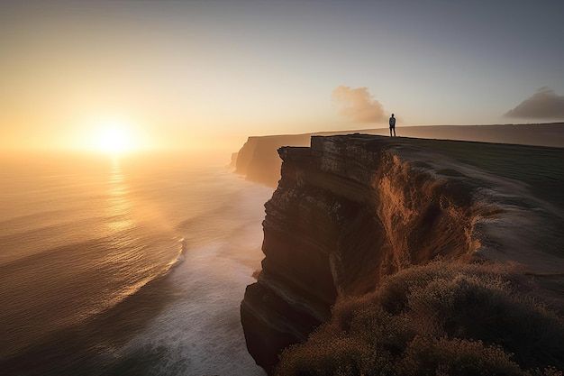 Man Standing on Cliff Gazing at Ocean Generative Ai