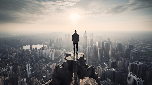 Man standing on a cliff looking at a cityscape