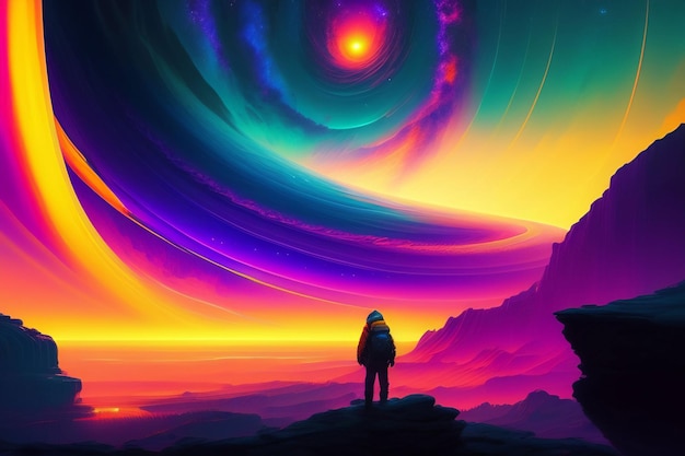 A man standing on a cliff looking at a colorful galaxy.