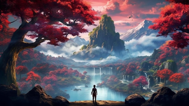 A man standing on a cliff looking at a waterfall in a forest generative ai