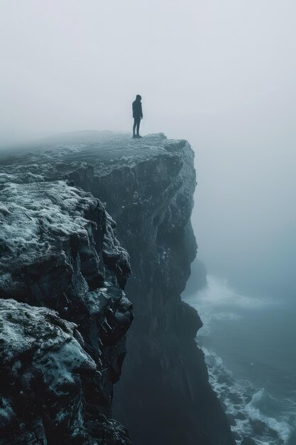 Photo man standing on a cliff overlooking the ocean