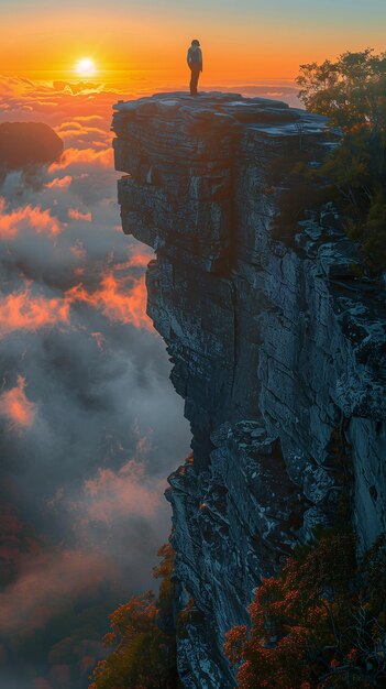 사진 남자가 서 있는 절벽에서 해가 지는 산맥을 바라보고 천국, 지옥, 거대한 구이를 뒤집어보고 있다.