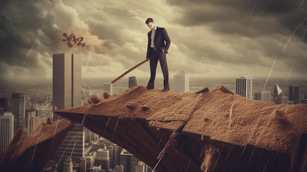 Photo a man standing on a cliff with a giant rock and a giant hammer.