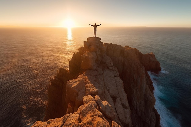 A man standing on a cliff with his arms raised in the air.