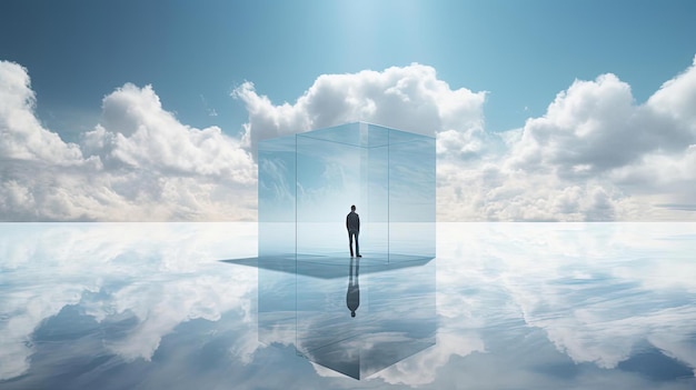 Photo a man standing behind a cloud in a box in the style of symmetric compositions