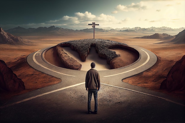 Man standing at crossroads Concept of choice Generative AI