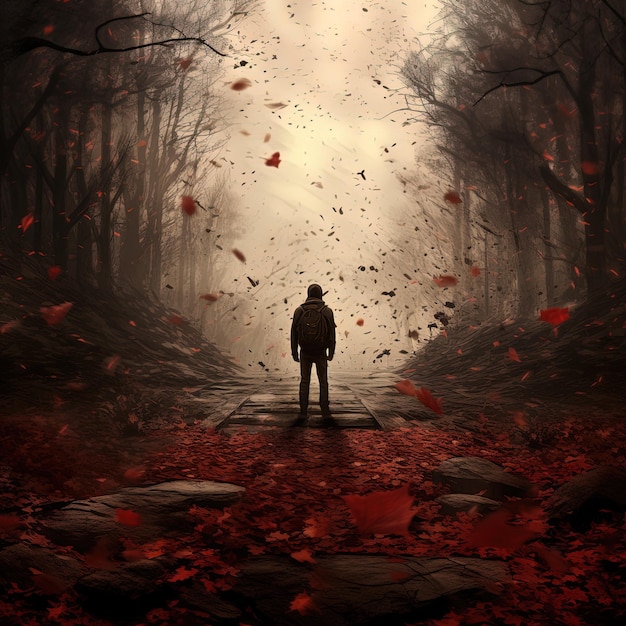 Photo a man standing in a dark forest with a red background with the words  go  on the bottom