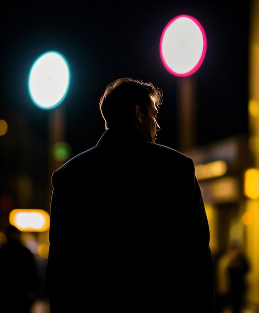 a man standing in the dark with a street light in the background