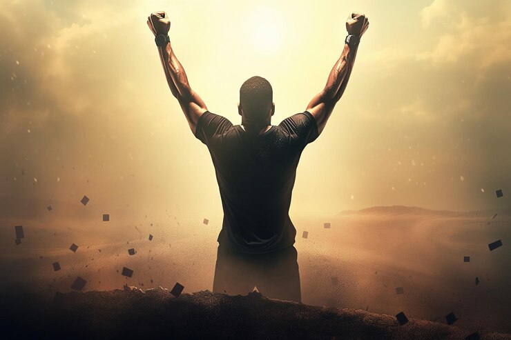Photo a man standing in the desert with his arms raised in the air