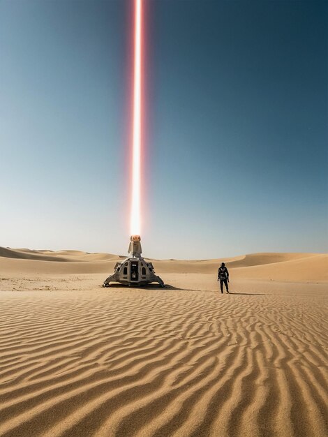 Photo a man standing in the desert with a light in the middle of it