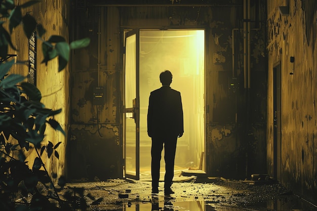 A man standing in a doorway of an abandoned building