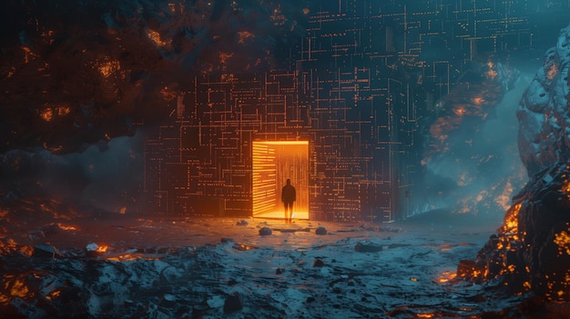 Man Standing in Doorway Surrounded by Fire Generative AI