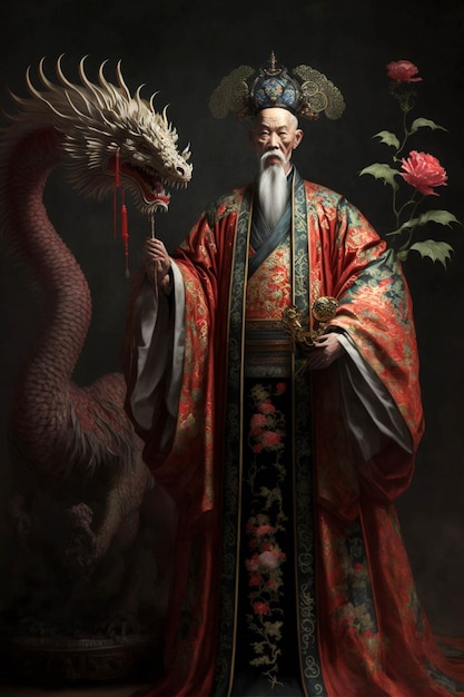 Man standing next to a dragon holding a flower generative ai