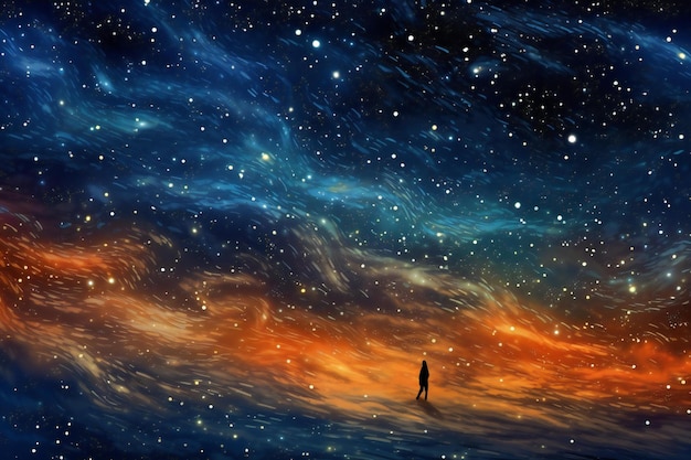 Photo man standing on the edge of the abyss in the starry sky