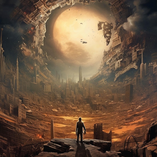 Man standing on the edge of a destroyed city 3D rendering