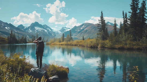 Man standing on the edge of a mountain lake and looking at the landscape