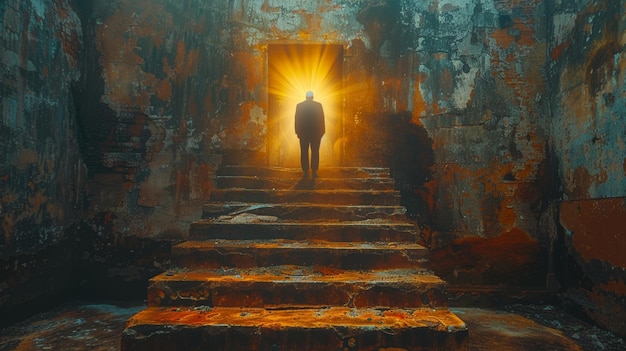 Человек, стоящий у входа в яркий туннель