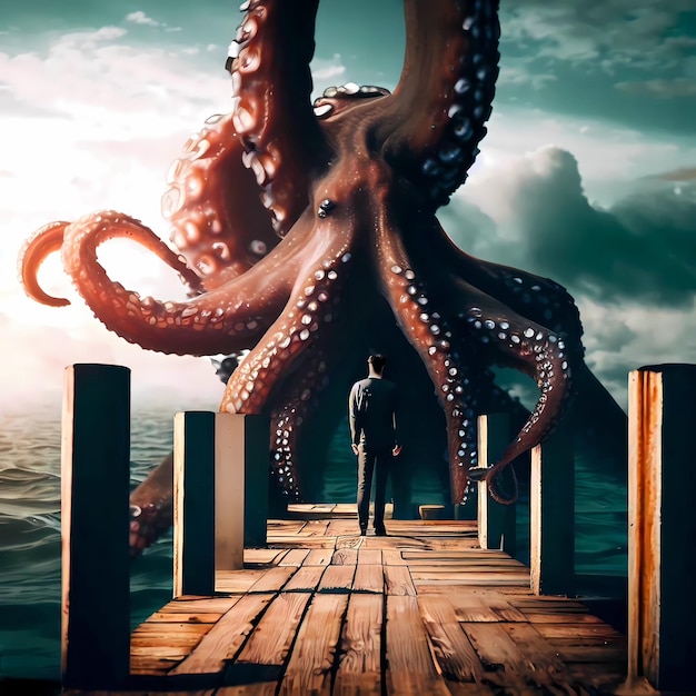 Man Standing Facing Giant Monster Octopus at Deck