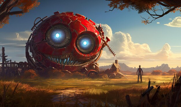 A man standing in a field next to a giant robot