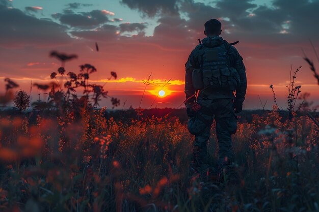 Man Standing in Field at Sunset