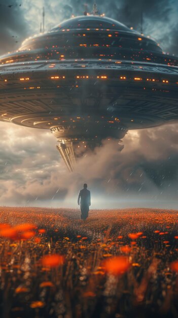 Man Standing in Field With Alien Ship Background