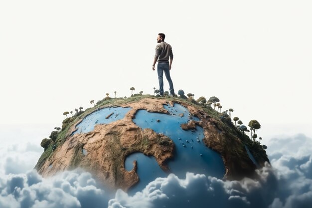 Man standing floating land or earth in sky