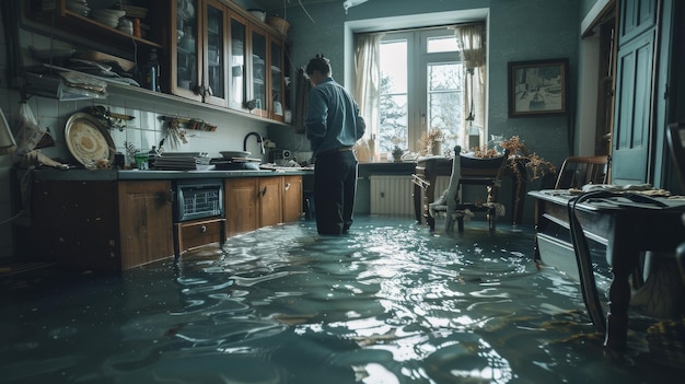 Man Standing in Flooded Kitchen by Window