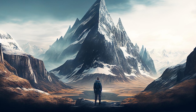 Man standing at foot of mountain preparing to work hard trying to achieve his goals Success concept Generative AI