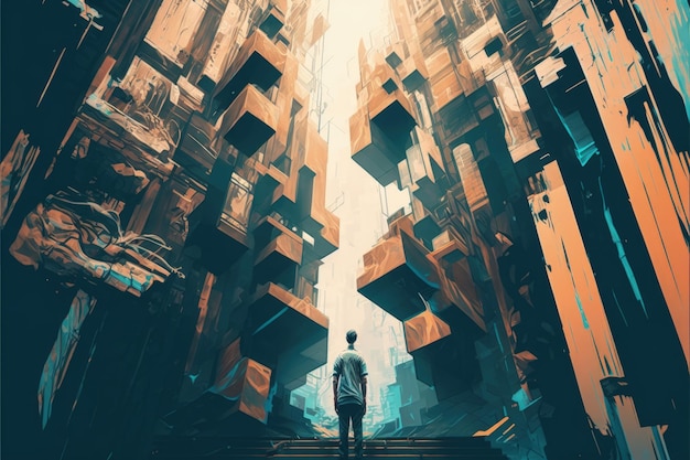 A man standing in front of abstract architectural buildings in a city Fantasy concept Illustration painting Generative AI