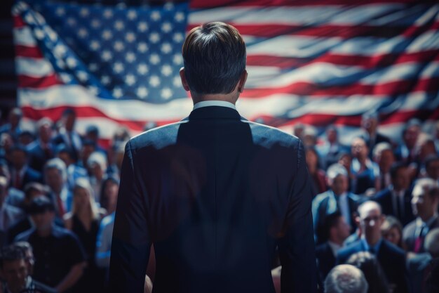 Человек, стоящий перед американским флагом