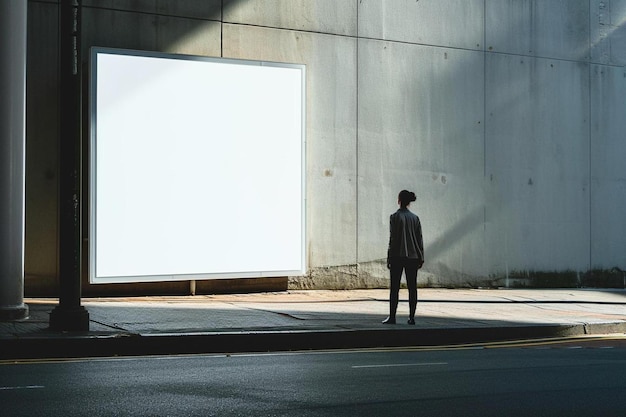 a man standing in front of a billboard on a city street