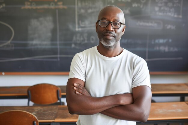 Photo a man standing in front of a blackboard in a classroom