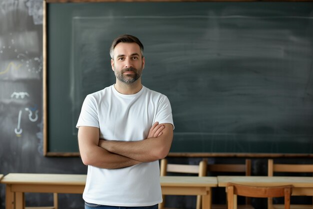 a man standing in front of a blackboard in a classroom