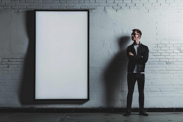 A man standing in front of a blank picture frame
