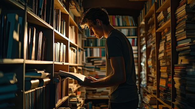 Мужчина стоит перед книжной полкой, наполненной книгами Всемирный день книги