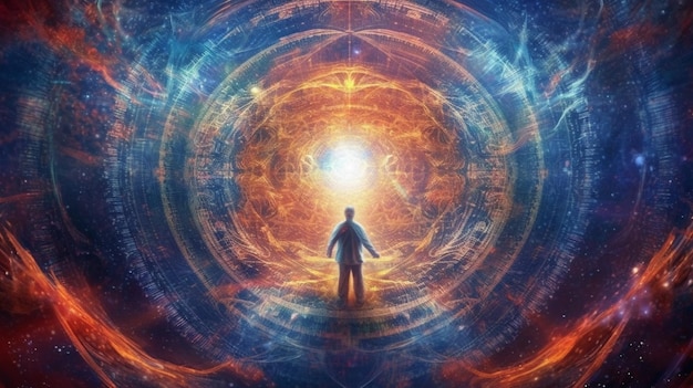 A man standing in front of a bright light surrounded by a spiral generative ai