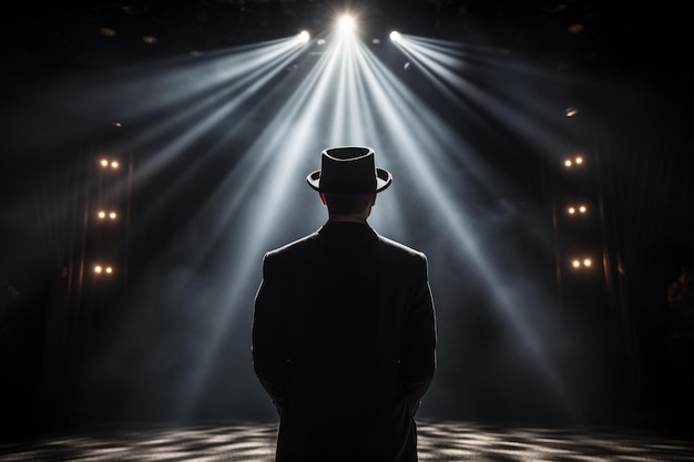 Photo a man standing in front of a brightly lit stage