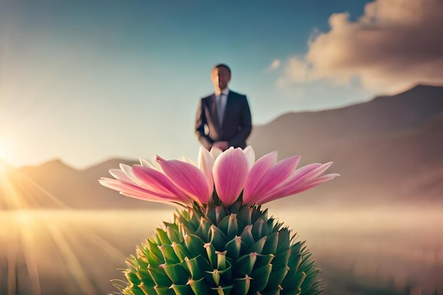 a man standing in front of a cactus with a man standing behind him.