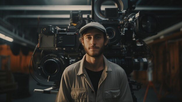 Photo man standing in front of camera in warehouse labor day