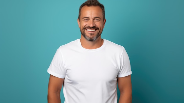 Man standing in front of camera in white Tshirt isolated on blue background