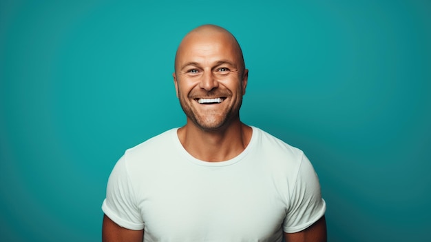 Man standing in front of camera in white Tshirt isolated on blue background