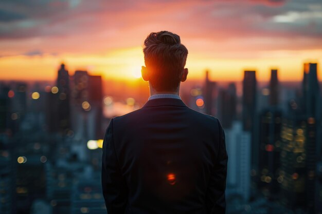 Foto uomo in piedi davanti alla città al tramonto