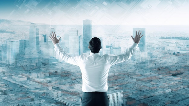 A man standing in front of a cityscape with the words'smart city'on the top